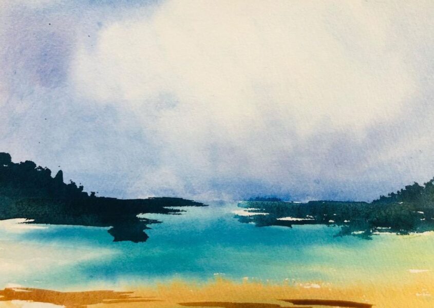 Landskab med turkis vand